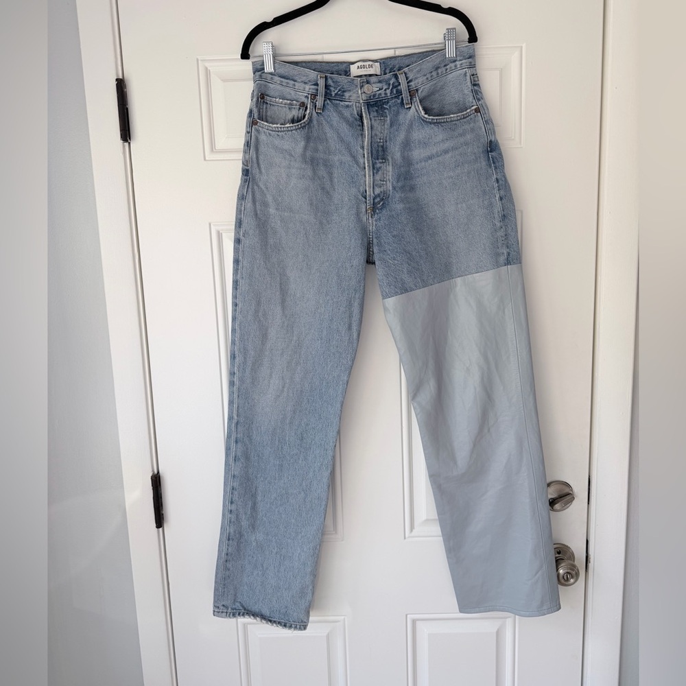 AGOLDE Pieced '90s High-Rise Leather Denim Straight‎ Leg Jeans size 29 pants - Picture 2 of 5